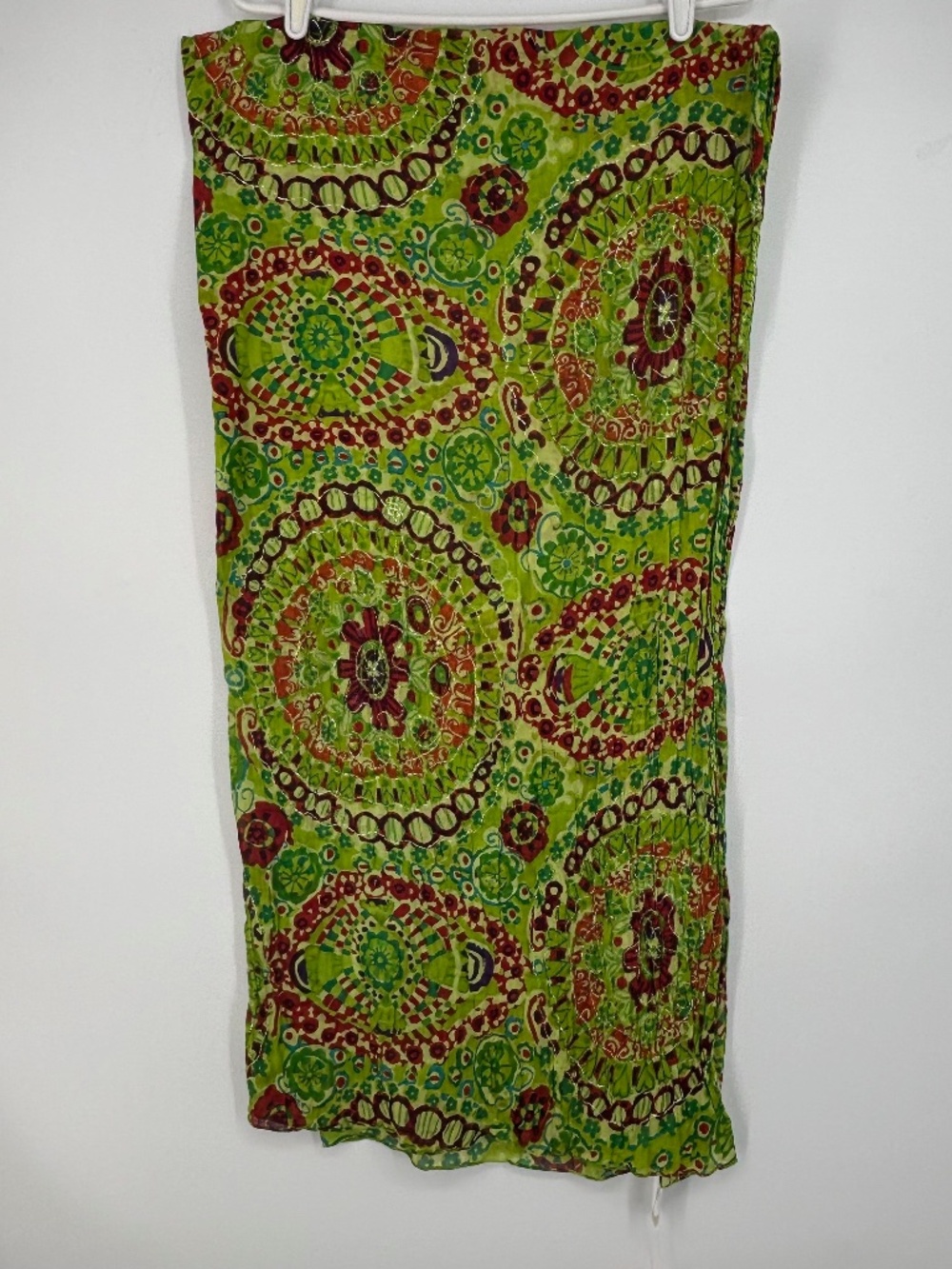 Palme Large Rectangular Scarf Lime Green Red Blue Boho Floral Silver Threads